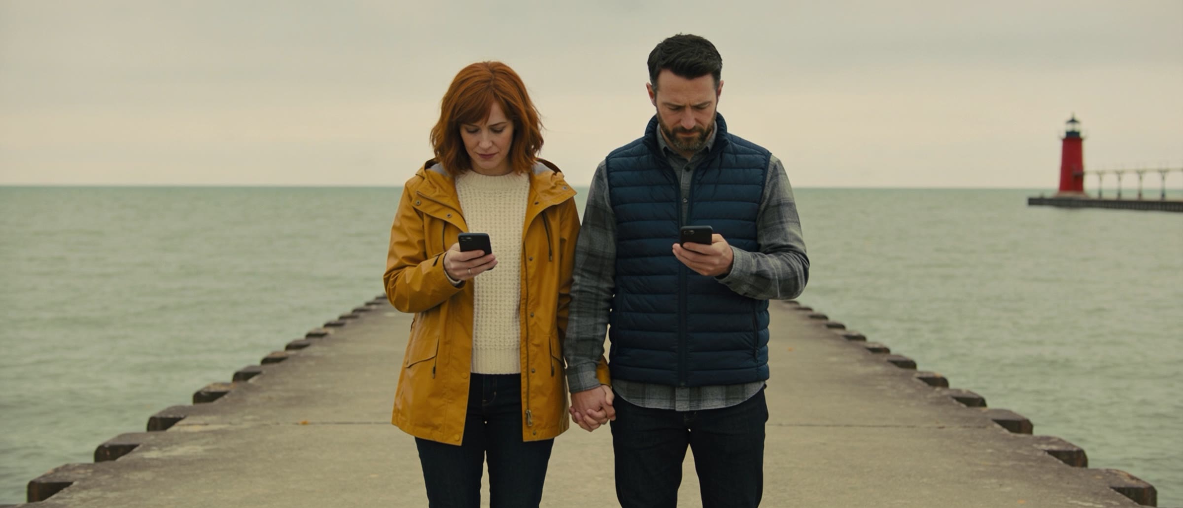 A couple holding hands while both look at their phones